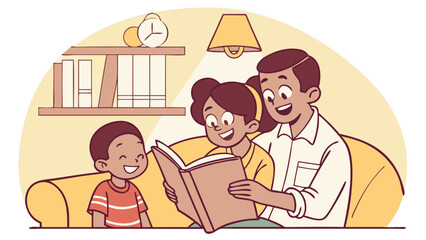 "Happy Family Reading Fairy Tale Book Together | Cartoon Hobby Scene"