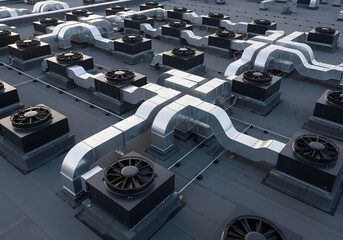 Rooftop HVAC system with numerous air handling units and ductwork.