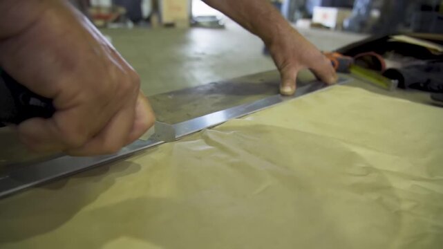 A person precisely slices a sheet of paper using a box cutter and ruler as a straight edge. Manual crafting process in a workshop, macro view of hands and tools in action.