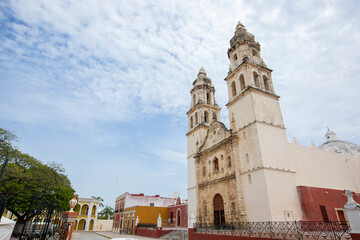 Beautiful Spanish colonial architecture and church in the city center of Campeche, Mexico.