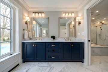 Modern bathroom with marble countertop, dual mirrors, and elegant lighting, featuring a stylish vanity and decorative accents.