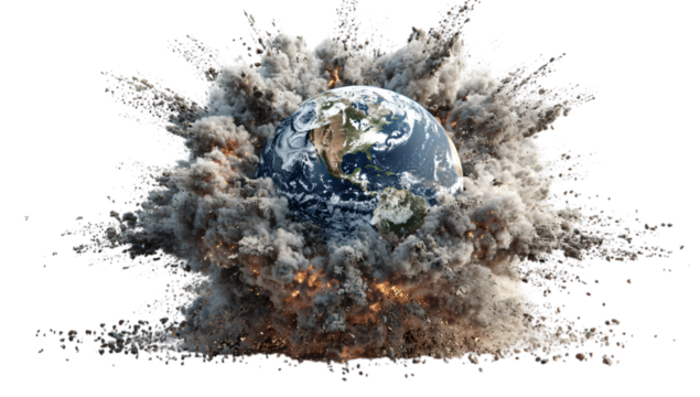 Planet Earth engulfed in a catastrophic explosion of smoke, debris, and fiery impact