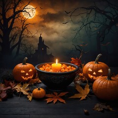 Escena atmosférica y mágica de Halloween con una mansión encantada, niebla, hojas de otoño y calabazas talladas con sonrisas malvadas.