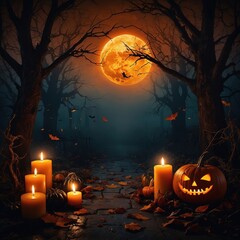 Ilustración digital de una noche de Halloween mágica, con la luz anaranjada de la luna y las velas iluminando calabazas sonrientes en un entorno de bosque de miedo.