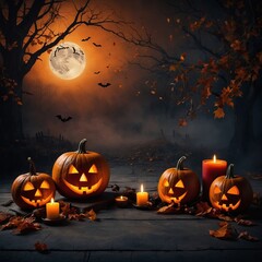 Fondo de Halloween espeluznante con calabazas sonrientes y brillantes (Jack-o'-lanterns) en un bosque oscuro y brumoso bajo la luz de la luna llena.
