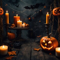 Fondo atmosférico para una fiesta de Halloween, con una calabaza tallada, candelabros antiguos, humo y decoración de terror como murciélagos y arañas.
