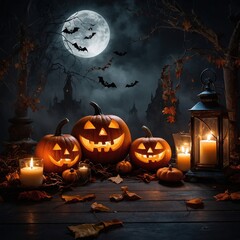 Decoración festiva de otoño para Halloween, con varias calabazas Jack-o'-lantern, velas encendidas, hojas caídas y una misteriosa niebla en una noche espeluznante.