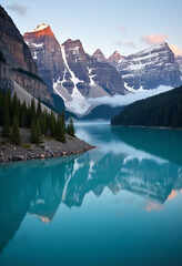 Ultra-high-resolution top-down drone shot of an alpine glacial lake in the Canadian Rockies at dawn.