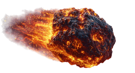 Fiery asteroid hurtling through space ignites atmosphere with blazing trails and glowing embers