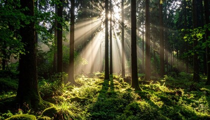 Sunbeams Illuminate Mystical Mossy Forest Floor Golden Hour Light Dapples Green Canopy.