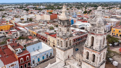 Aerial view of the Spanish Colonial city center and historic church of Campeche, Mexico.