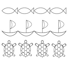 Set of Sea Icons and Patterns for Coloring  A set of outline marine icons for coloring: fish, sailboats, and turtles.