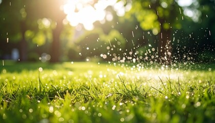 Obraz premium Sunlit Dewdrops on Lush Green Grass Sparkling Water Sprinkles in a Vibrant Summer Garden.