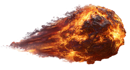 Fiery asteroid hurtles through space, trailing smoke and embers, a dramatic celestial event.