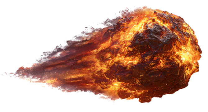 Fiery asteroid hurtles through space, trailing smoke and embers, a dramatic celestial event.