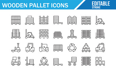 Set of Wooden Pallet Icons, Forklift, Cargo, Stack, and Recycling. Editable Stroke Vector Icons for Logistics, Warehousing, and Distribution.