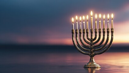 Hanukkah menorah with lit candles at sunset.