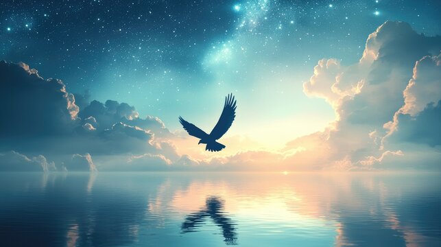 Sunset silhouette of a seagull flying over the ocean - Powered by Adobe