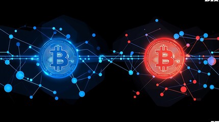 Digital bitcoin symbols with network connections in contrasting colors.