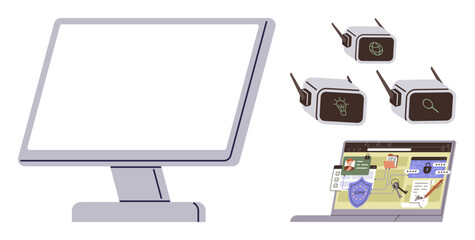 Desktop monitor, laptop with an open web browser, and wireless cubes displaying innovation, research, and global connectivity. Ideal for technology, communication, creativity, research innovation