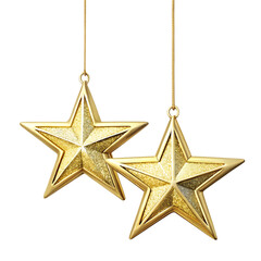 Fototapeta premium Pair of golden star shaped ornaments hanging on transparent background