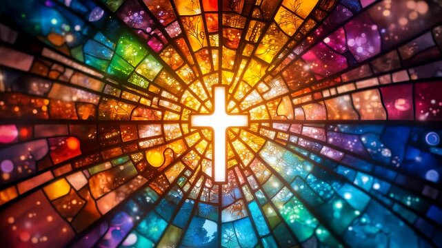 Glowing cross in a vibrant stained glass window. Faith, divinity, hope. The light of Jesus Christ, sacred art. Ideal for Easter, church services, and religious media. - Powered by Adobe