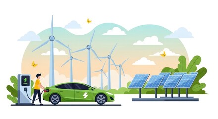 Flat illustration of person charging an electric car next to solar panels and wind turbines, symbolizing renewable energy