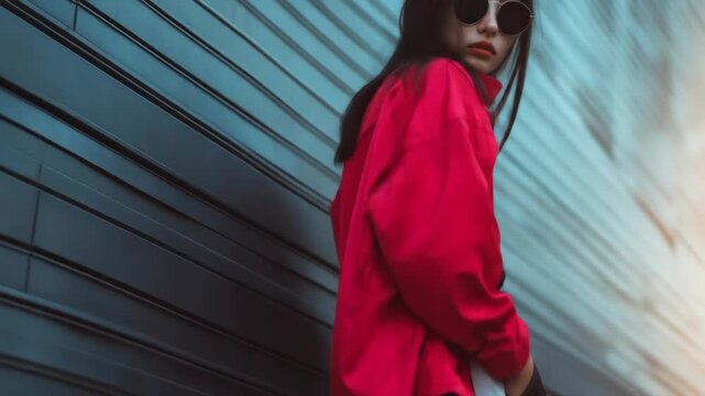 Stylish woman posing in red jacket against a textured urban wall.
