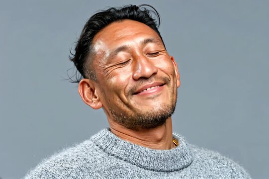 Calm Breathing Smiling Loop of Mature Asian Man on clean background &ndash; Wellness Ad Copy Space
