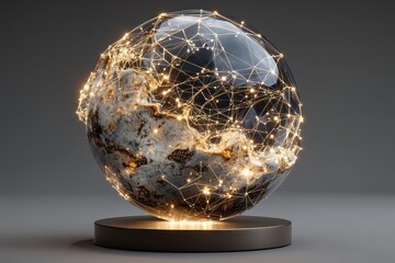 Digital sphere displaying a glowing global network with golden connections