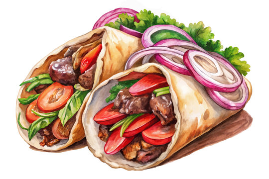 watercolor shawarma wraps with tomatoes and onions clip art preview