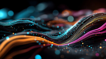 Neon Synthwave Fractal Waves - 8K Vector Spline Light Interference with Glowing Particles on Dark Futuristic Background