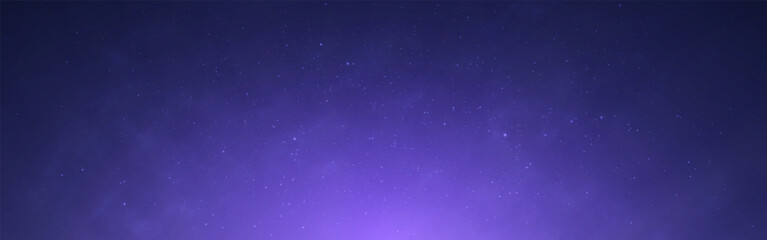 Purple space background with glowing stars and soft gradient. Color nebula with stardust for universe concept. Starry cosmos with soft rays. Infinite universe. Vector Illustration.