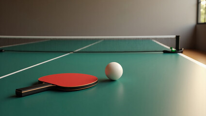 Ping-pong table in minimalist indoor setting (white and light wood), paddle and ball placed &mdash; ideal for entertainment designs, coworking spaces, or modern decor.