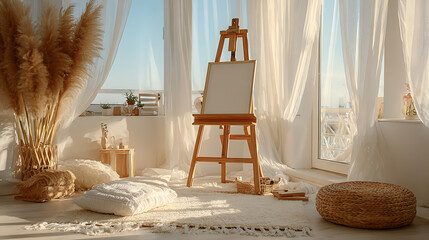 Airy artist studio with easel and pampas grass white curtains natural light