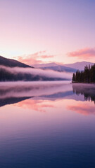 Fototapeta premium Serene mountain lake with mirror-like surface reflecting pastel fog and distant trees