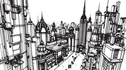 City landscape. Different buildings on street, outline cityscape hand sketch, flat houses. Hand drawn vector illustration