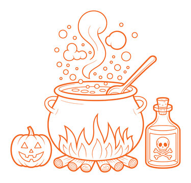 orange halloween cauldron, pumpkin, poison bottle clip art preview