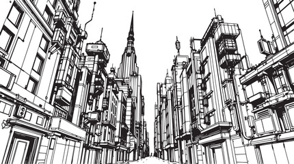City landscape. Different buildings on street, outline cityscape hand sketch, flat houses. Hand drawn vector illustration