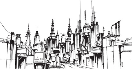 City landscape. Different buildings on street, outline cityscape hand sketch, flat houses. Hand drawn vector illustration