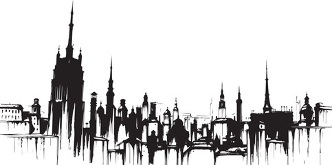 Naklejka premium City landscape. Different buildings on street, outline cityscape hand sketch, flat houses. Hand drawn vector illustration