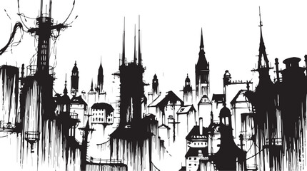 Fototapeta premium City landscape. Different buildings on street, outline cityscape hand sketch, flat houses. Hand drawn vector illustration