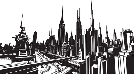 Fototapeta premium City landscape. Different buildings on street, outline cityscape hand sketch, flat houses. Hand drawn vector illustration