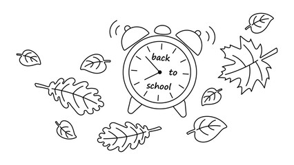 Back to School Alarm Clock with Autumn Leaves. Editable stroke. Hand Drawn Black and White Outline Illustration. Seasonal Fall Education Theme for Coloring Page, Kids Activity, or School Poster Design