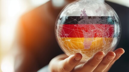 Hand holding a glass globe with the German flag inside, symbolizing global connectivity, technology, and international relations․