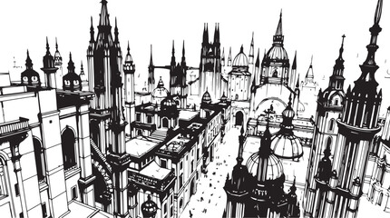 City landscape. Different buildings on street, outline cityscape hand sketch, flat houses. Hand drawn vector illustration