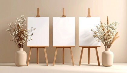 Three blank canvases on easels, natural decor