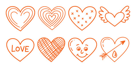 Orange heart shapes with various designs and symbols love graphic