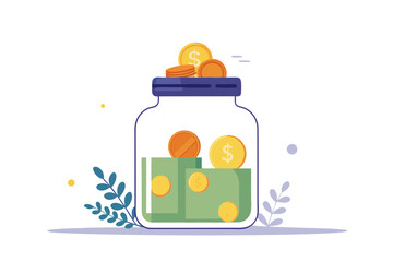 Savings Jar Vector Filled with Money and Transparent Glass