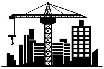 Building Tower with Construction Crane Silhouette Vector